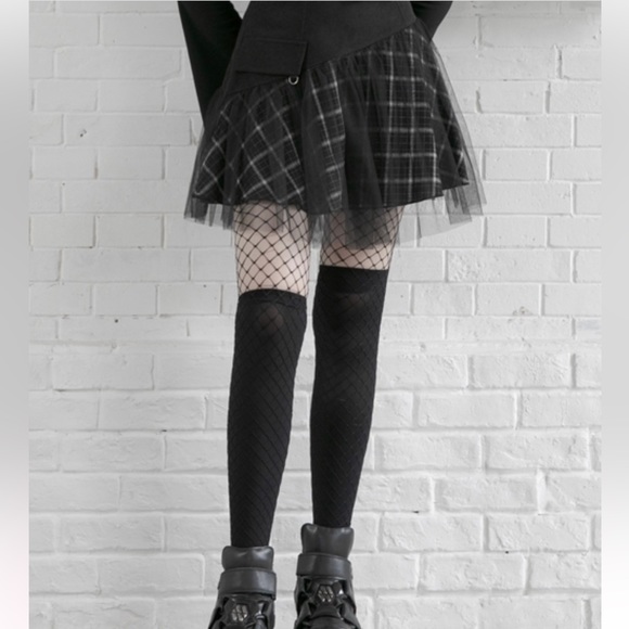 Punk Goth Plaid Mesh Overlay Skirt - Picture 2 of 12